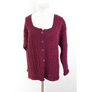 Inis Crafts Sweater Womens Large Maroon Cardigan Wool Cable Knit Chunky Ireland